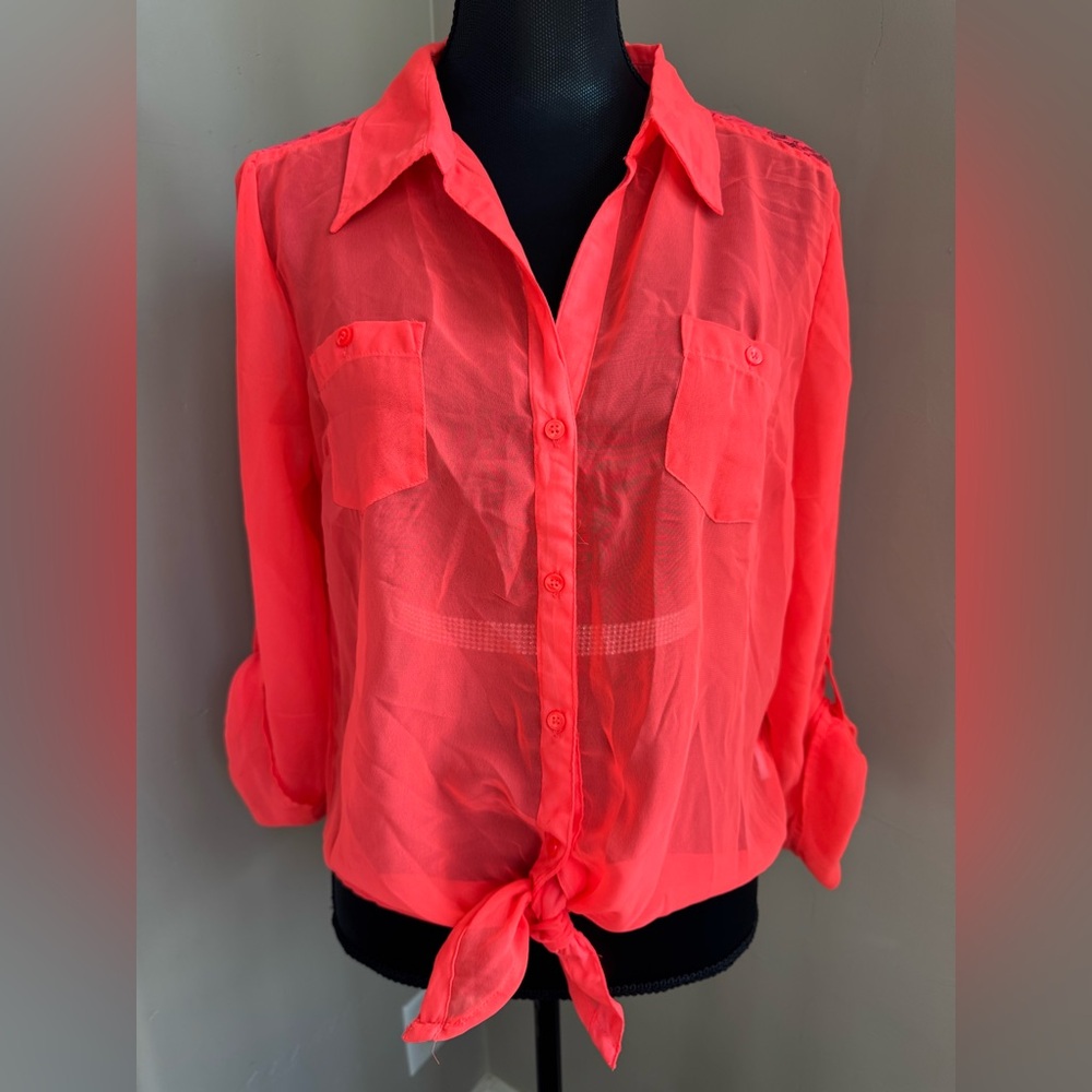 Y2K L.E.I Sheer & Lace Neon Corral Button Down Juniors Size XL (15/17)